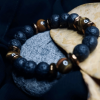 Black Lava & Tiger Eye Stone Bracelet  Men's Healing Energy Beaded Jewelry with Copper Spacer