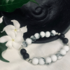 Howlite and Black Onyx Beaded Bracelet Natural Stone Stretch Bracelet with Silver Spacers Unisex Jewelry (7.5 inch / 19 cm)