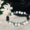 Howlite and Black Onyx Beaded Bracelet Natural Stone Stretch Bracelet with Silver Spacers Unisex Jewelry (7.5 inch / 19 cm)