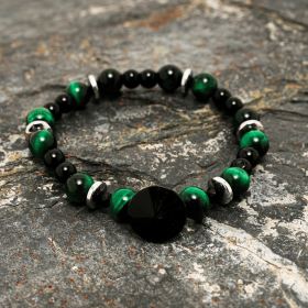 Bracelet Black Lava Stone and Green Tiger Eye Bracelet with Silver Spacers 7.25 Natural Stone Jewelry