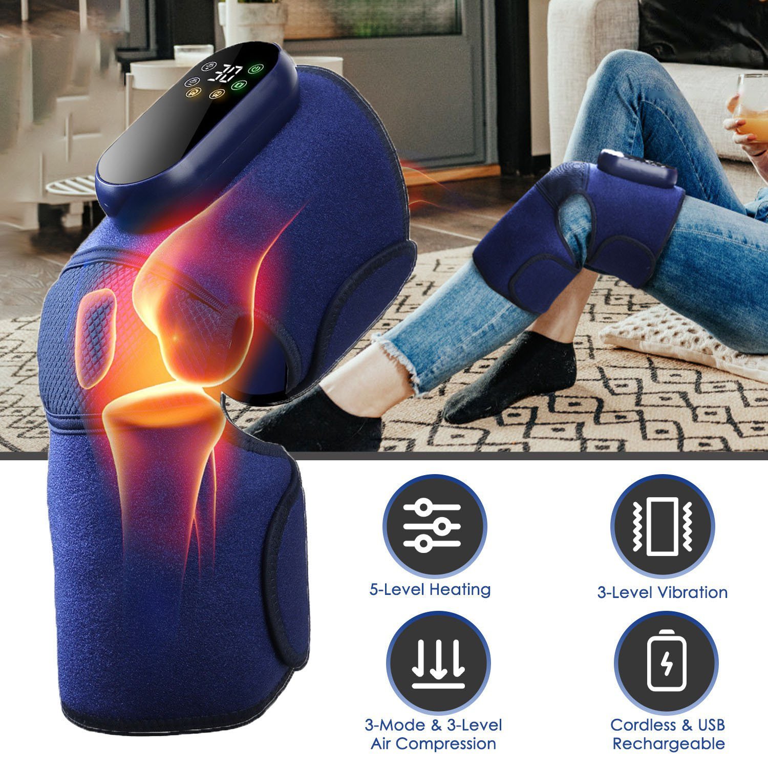 Cordless Knee Massager Heated Knee Brace Wrap Electric Knee Heating Pad with 5-Level Heating 3-Level Vibration 3-Mode & 3-Level Air Compression Cordless Knee Massager Heated Knee Brace Wrap Electric Knee Heating Pad with 5-Level Heating 3-Level Vibration 3-Mode & 3-Level Air Compression