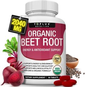 Organic Beet Root Powder Tablets - 2040mg Natural Nitric Oxide Beets to Support, Energy, Black Pepper Better Absorption, Non-GMO, for Men Women