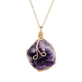 Natural Gemstone Necklace Chakra Stone Pendant Energy Healing Crystal with Chain (Color: Amethyst)