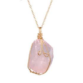 Natural Gemstone Necklace Chakra Stone Pendant Energy Healing Crystal with Chain (Color: Rose Quartz)